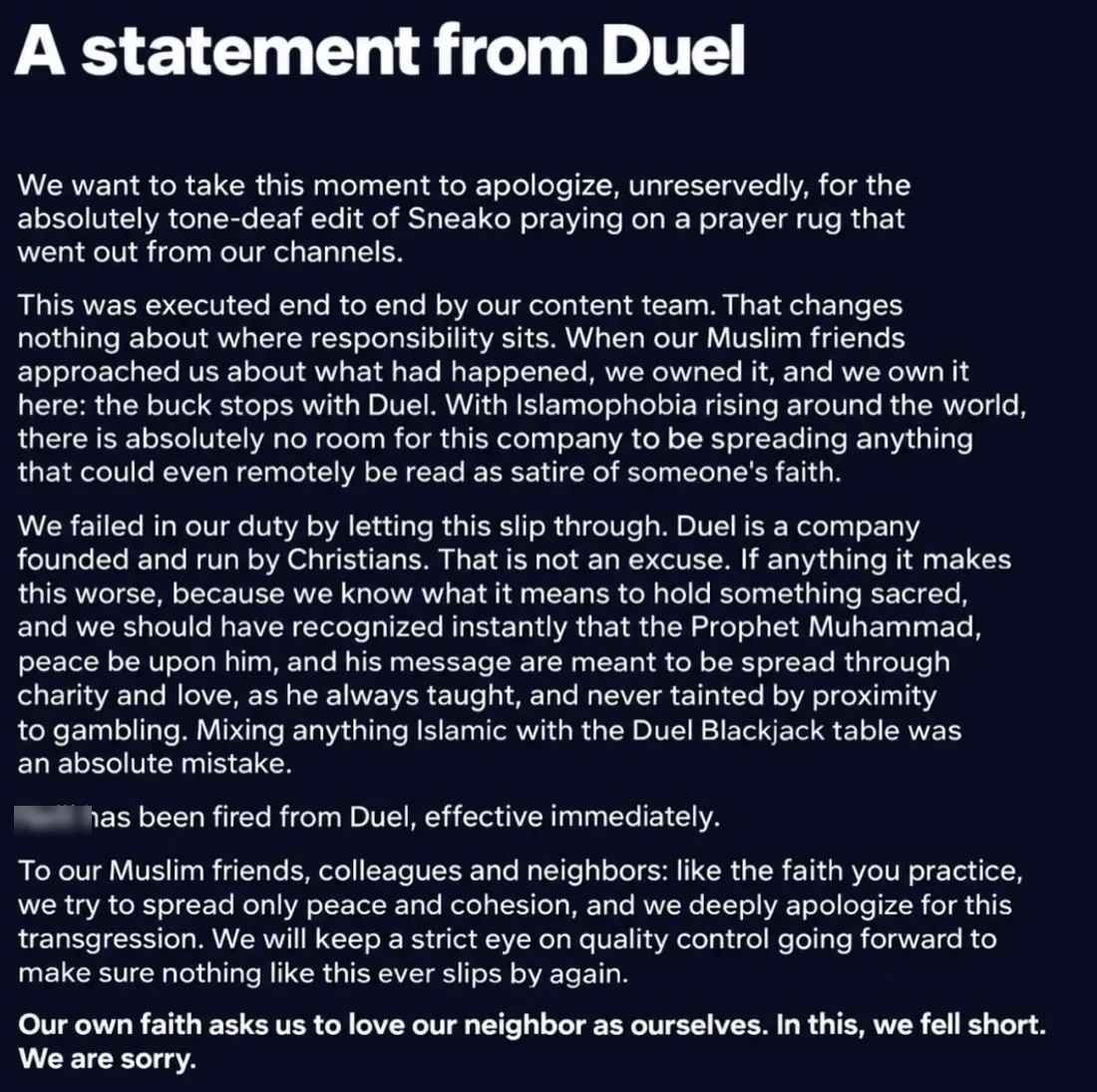 A statement from Duel: an apology for the edit of Sneako praying on a prayer rug, with the lines the buck stops with Duel, mixing anything Islamic with the Duel Blackjack table was an absolute mistake, and we are sorry