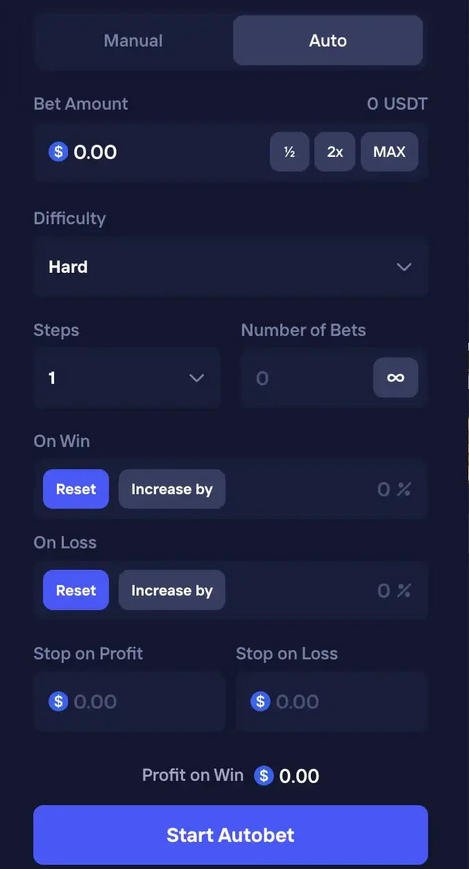 Duel Beef Auto tab with Steps, Number of Bets, On Win and On Loss, Stop on Profit, Stop on Loss and Start Autobet