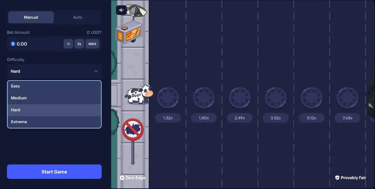 Duel Beef board on Hard with the difficulty list open, the cow on the pavement and manhole lanes marked 1.32x to 7.68x