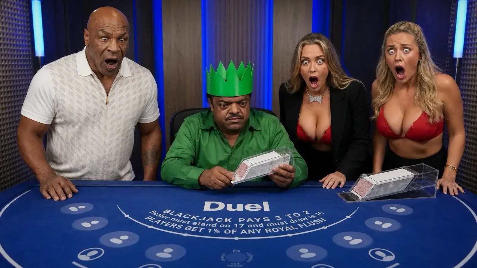 Illustration: a dealer in a green paper crown at the blue Duel Blackjack felt, with shocked guests standing around the table