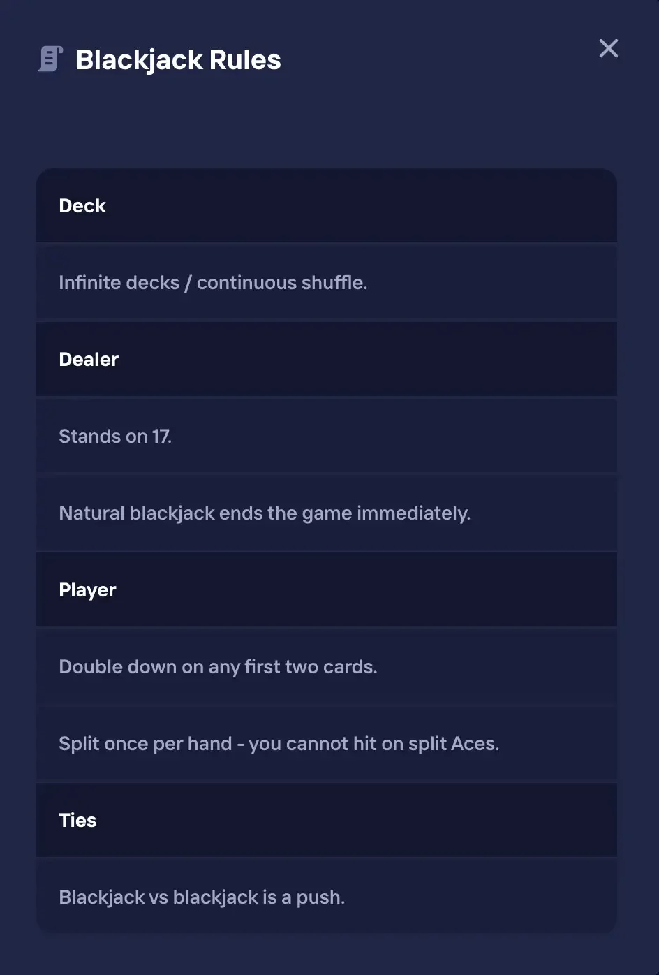 Duel Blackjack rule sheet: deck, dealer, player and ties
