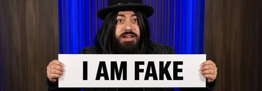 Illustration: a man in a black hat, long black wig and sequinned jacket holds a sign that reads I AM FAKE, in front of a blue curtain