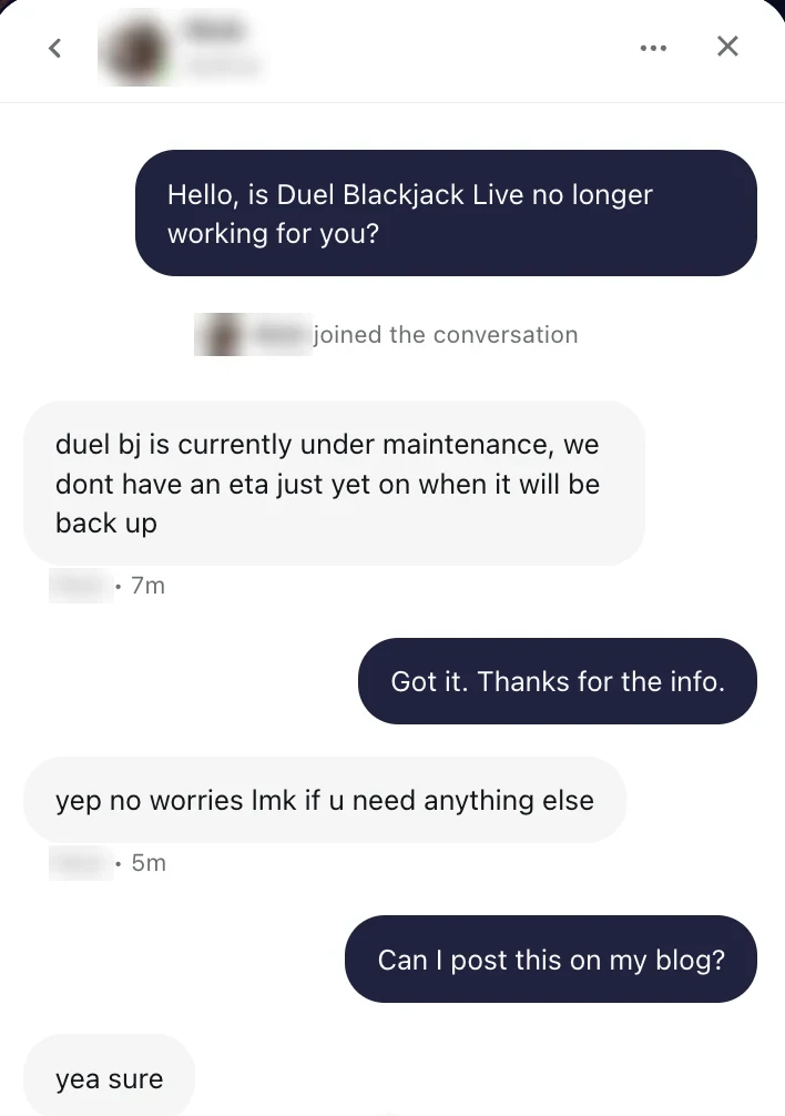 Duel live support chat on 30 September 2026: asked if Duel Blackjack Live no longer works, the agent replies that duel bj is under maintenance with no ETA, then agrees the reply can be posted on a blog