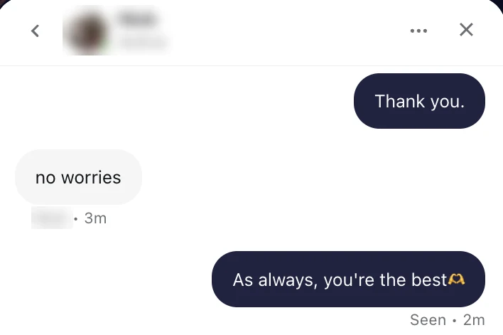 The end of the same Duel support chat: thank you, no worries