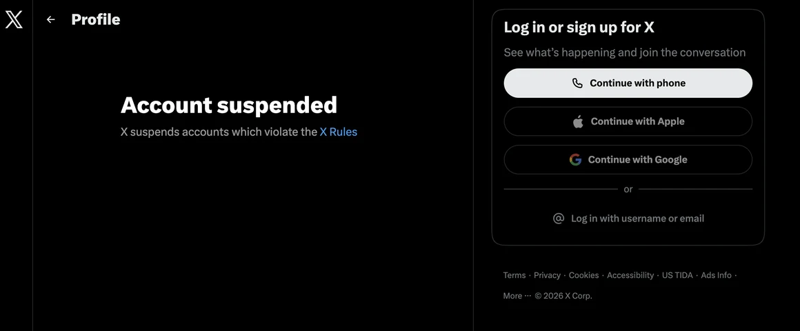 The x.com/duel profile on 30 September 2026: Account suspended. X suspends accounts which violate the X Rules.