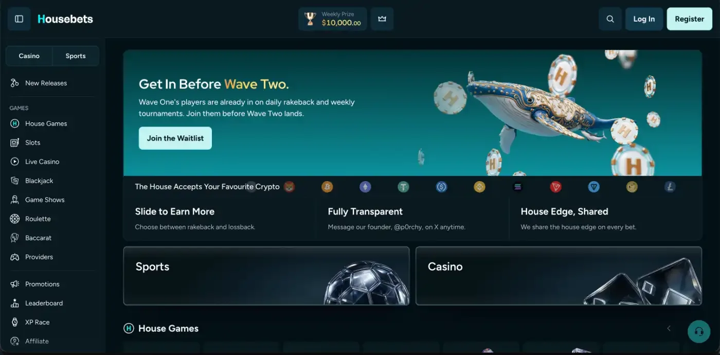 Housebets lobby with the casino and sports tabs on one balance