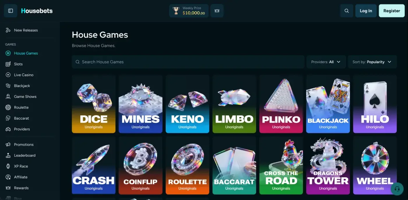 Housebets House Games lobby with in-house tiles badged Unoriginals