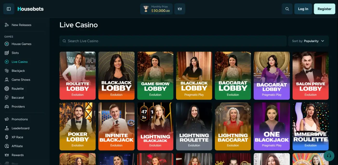 Housebets live casino lobbies from Evolution and Pragmatic Play