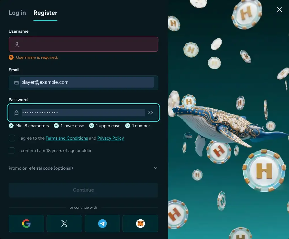 Housebets registration form with username, email, password rules and two checkboxes