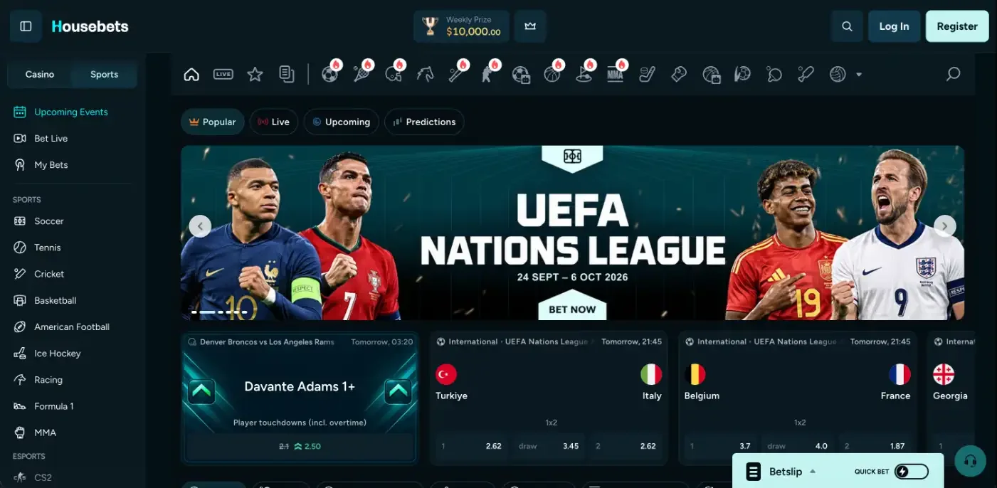 Housebets sportsbook with a weekly prize chip and live football odds