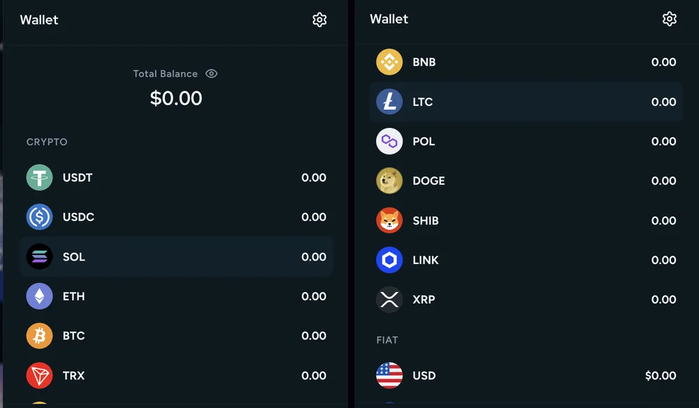 Housebets wallet panel listing all thirteen coins with zero balances