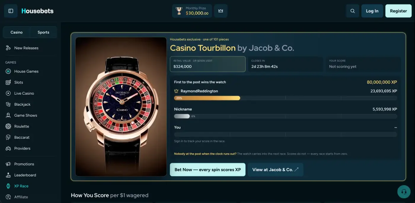 Housebets XP Race page with a Jacob and Co Casino Tourbillon watch as the prize