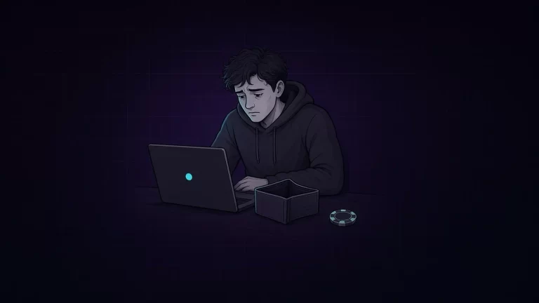 Illustration: a tired young man in a dark hoodie sits at a laptop at night next to an empty wallet and a single casino chip