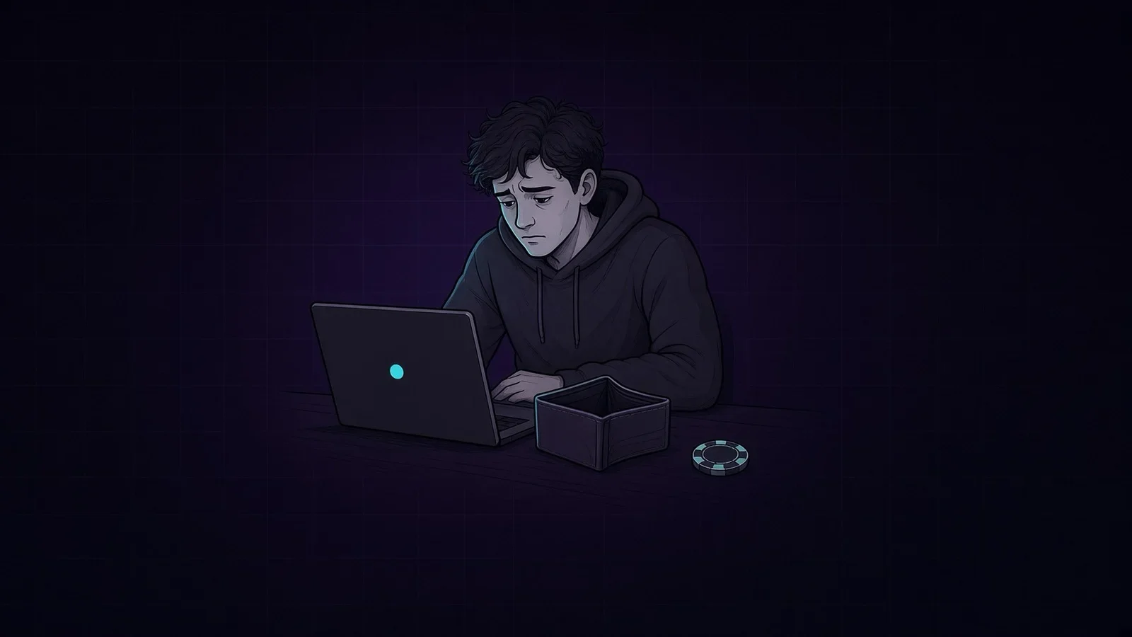 Illustration: a tired young man in a dark hoodie sits at a laptop at night next to an empty wallet and a single casino chip