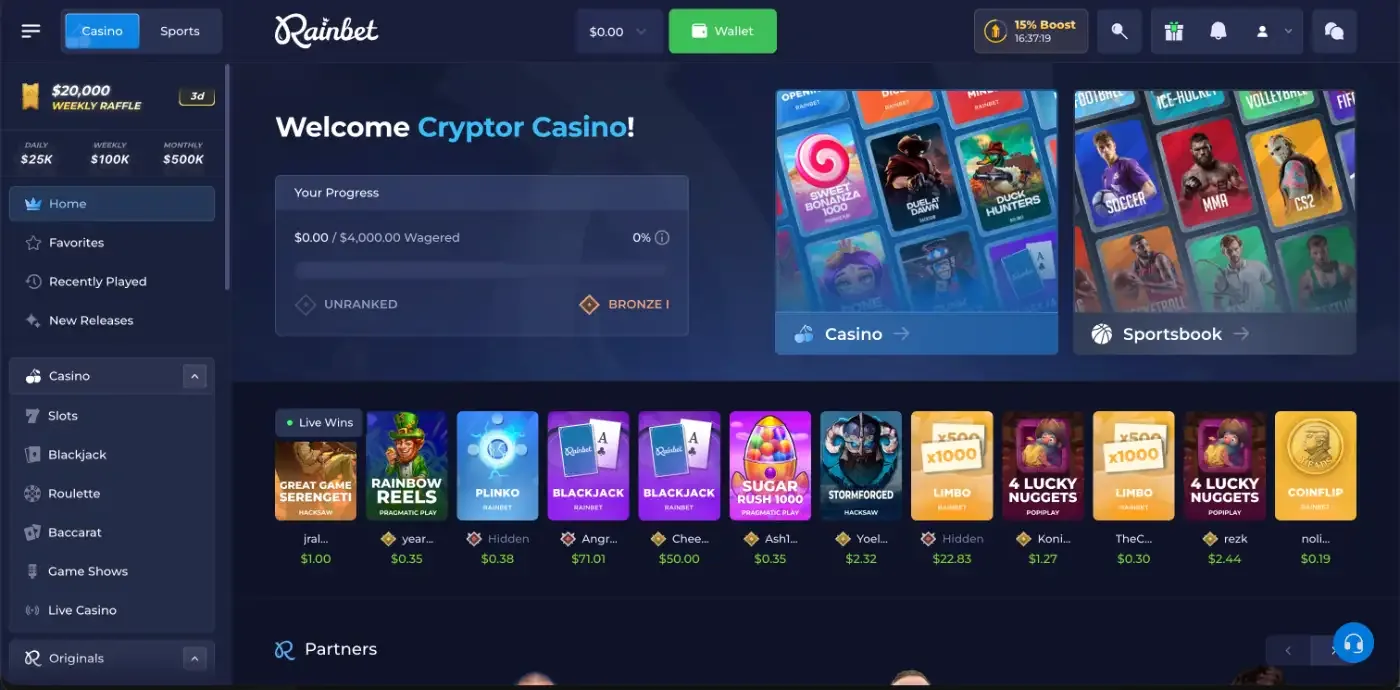 Rainbet lobby with Casino and Sportsbook tiles on one balance