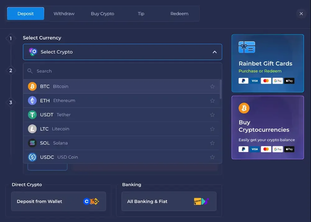 Rainbet deposit modal with the coin list, gift card and buy crypto cards and a banking tile