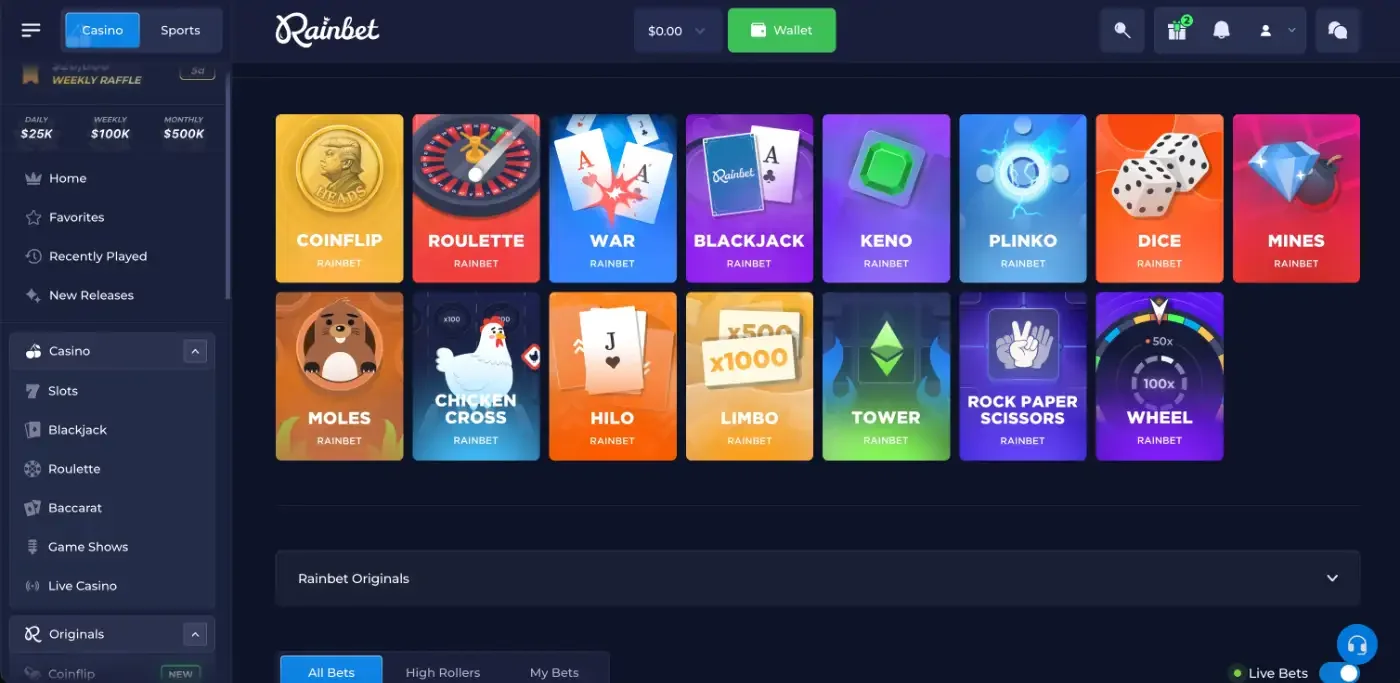 Rainbet Originals lobby with fifteen house game tiles