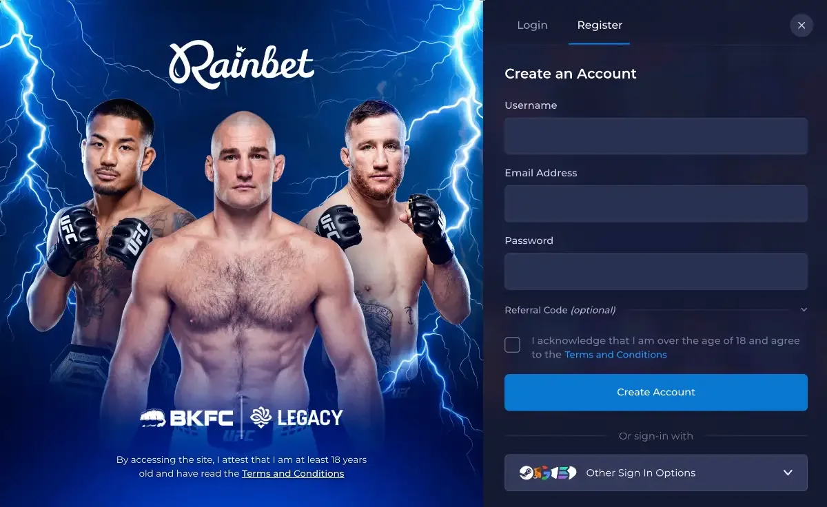 Rainbet registration modal with username, email, password and one checkbox