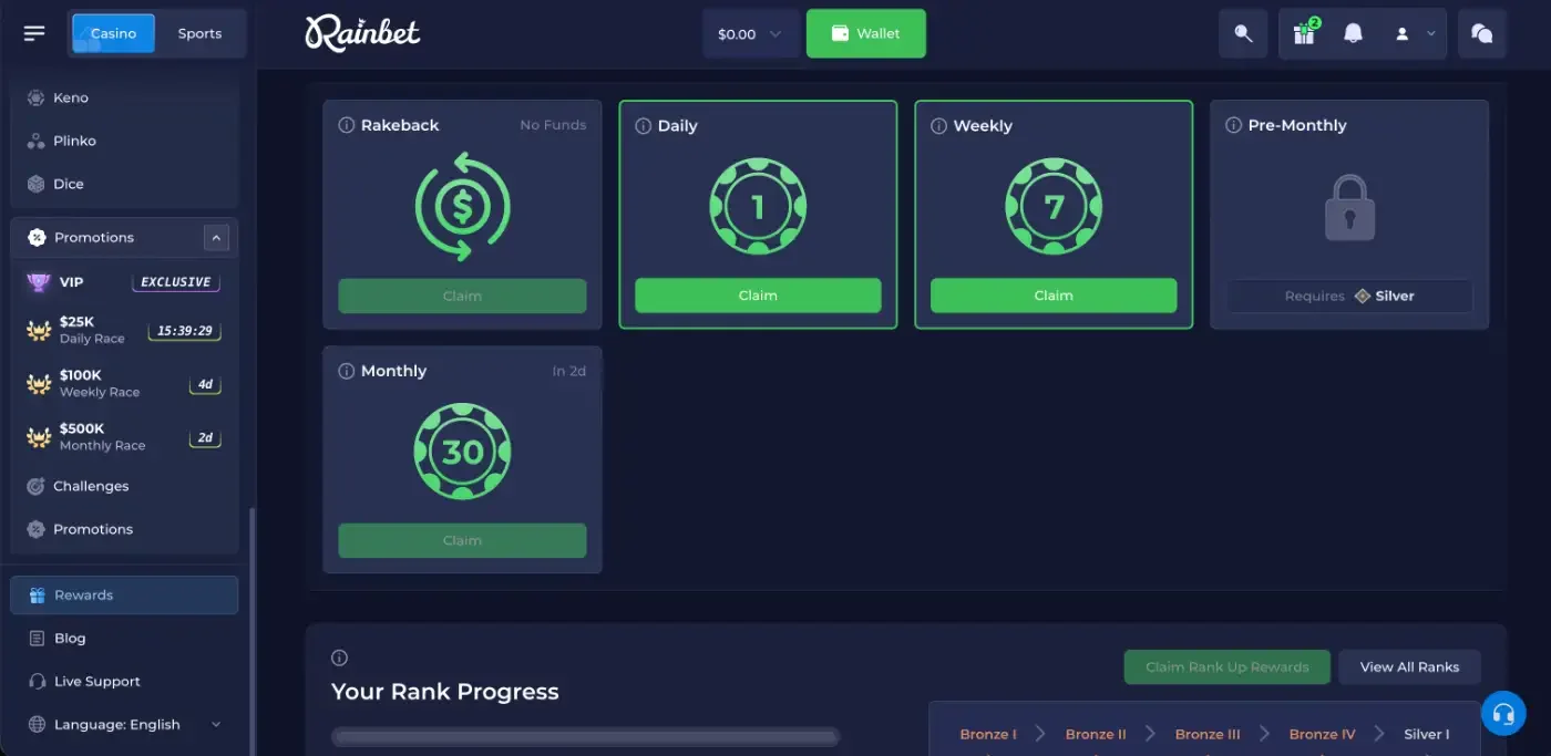 Rainbet rewards page with Rakeback, Daily, Weekly, Pre-Monthly and Monthly claim cards