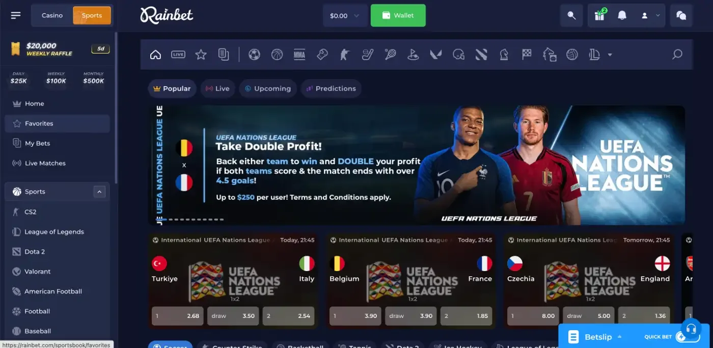 Rainbet sportsbook with esports in the sidebar and UEFA Nations League odds