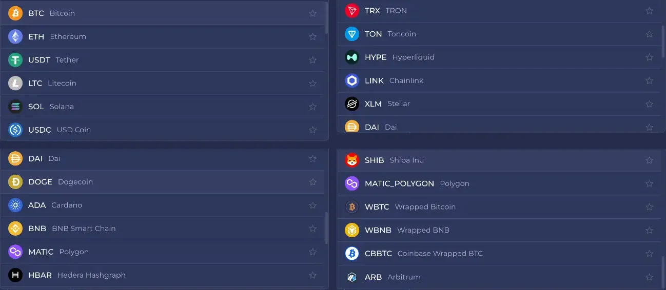 Rainbet deposit coin list at four scroll positions, from Bitcoin to Arbitrum