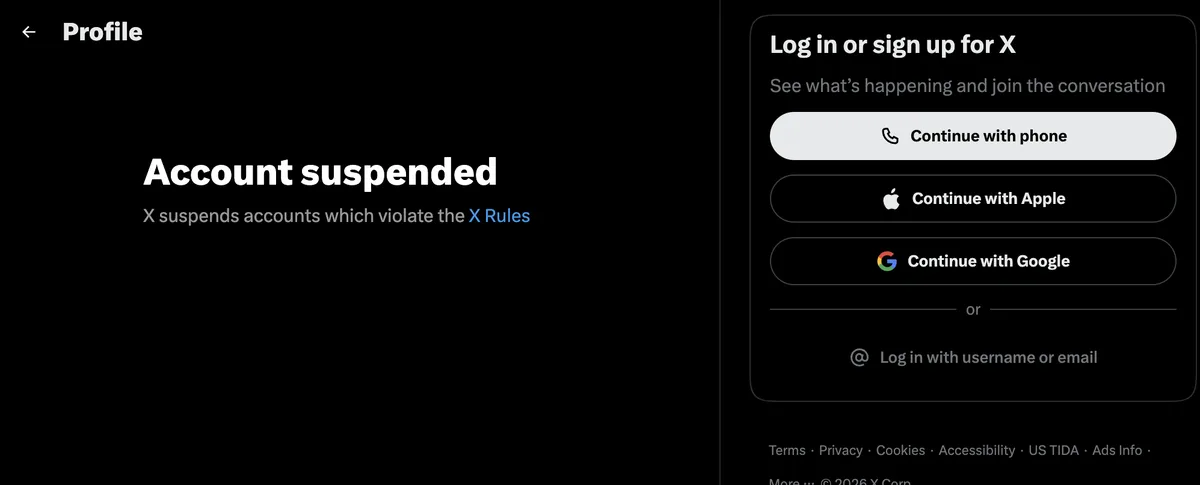 The x.com/ROSHSTEINS profile on 30 September 2026: Account suspended. X suspends accounts which violate the X Rules.