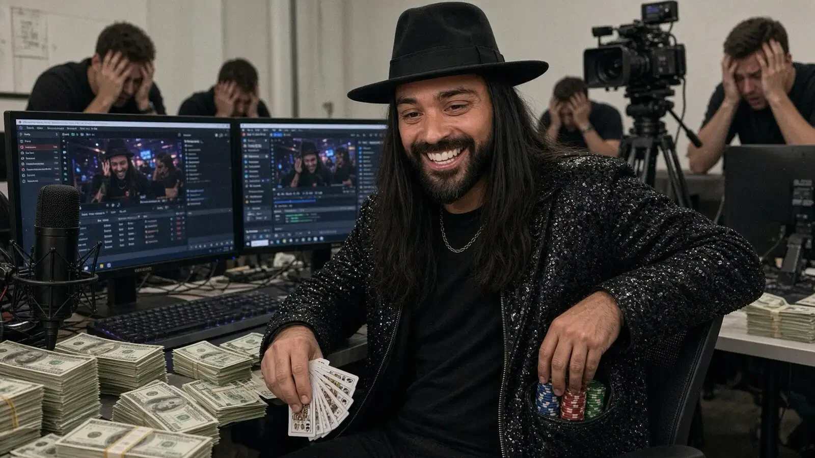 AI-edited satirical image of Roshtein, smiling in a black hat and sequinned jacket with cards, chips and stacks of cash at a streaming desk while the crew behind him hold their heads