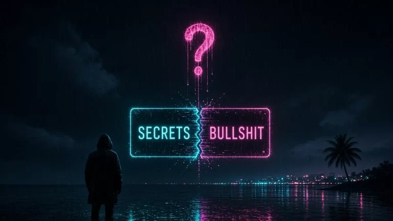 Casino Secrets Curaçao leak: neon sign split into Secrets and Bullshit under a question mark, hooded figure on a rainy shore at night
