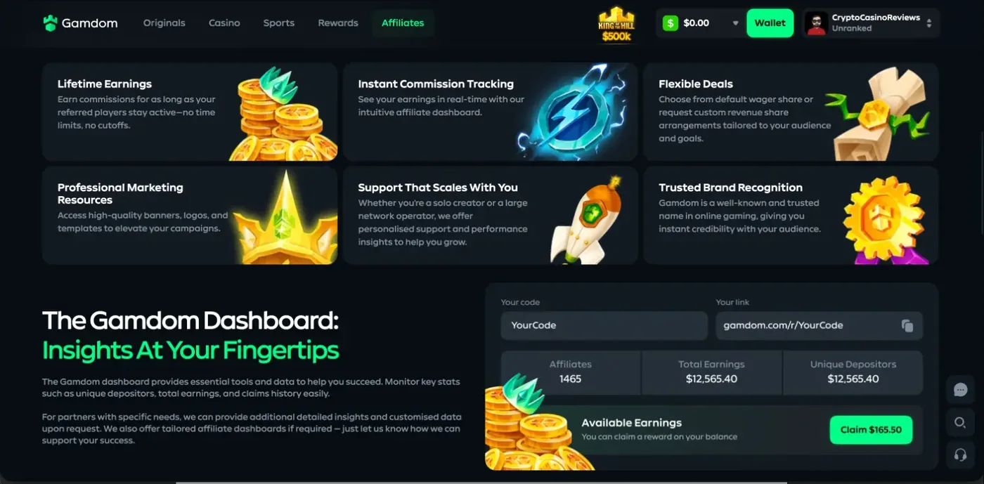 Gamdom affiliates page with a referral link field, a commission dashboard and a campaign table