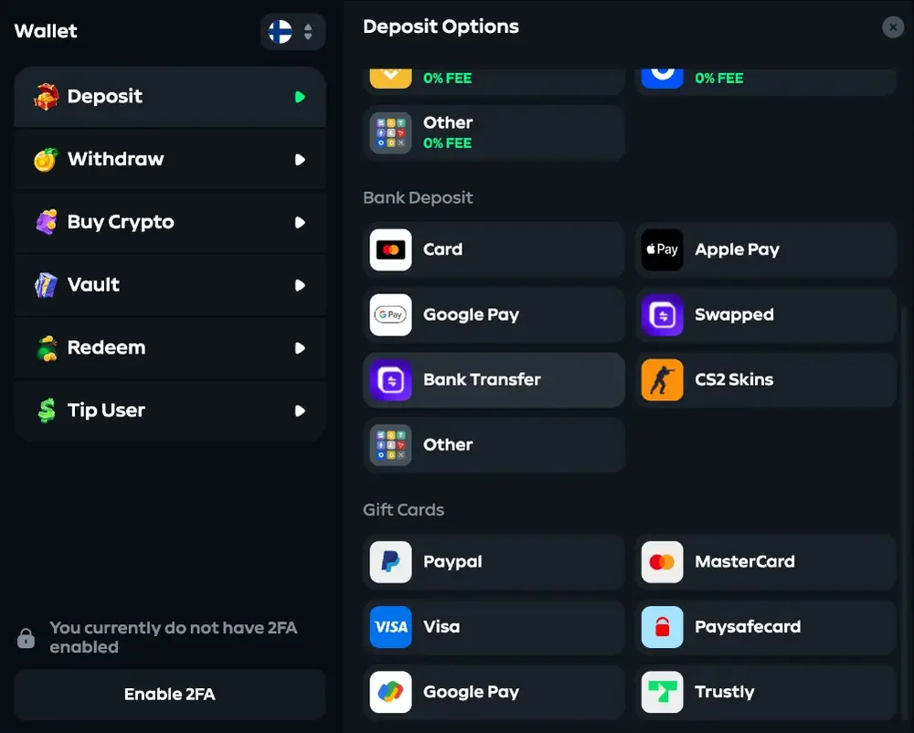 Gamdom deposit panel scrolled to Bank Deposit with card, Apple Pay, Google Pay, Swapped, bank transfer and CS2 skins, and a gift card row