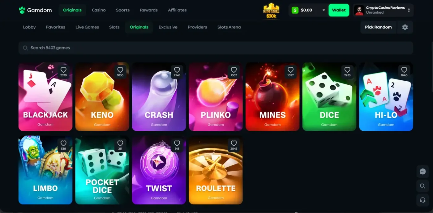 The Gamdom Originals tab showing eleven in-house games: Blackjack, Keno, Crash, Plinko, Mines, Dice, Hi-Lo, Limbo, Pocket Dice, Twist and Roulette