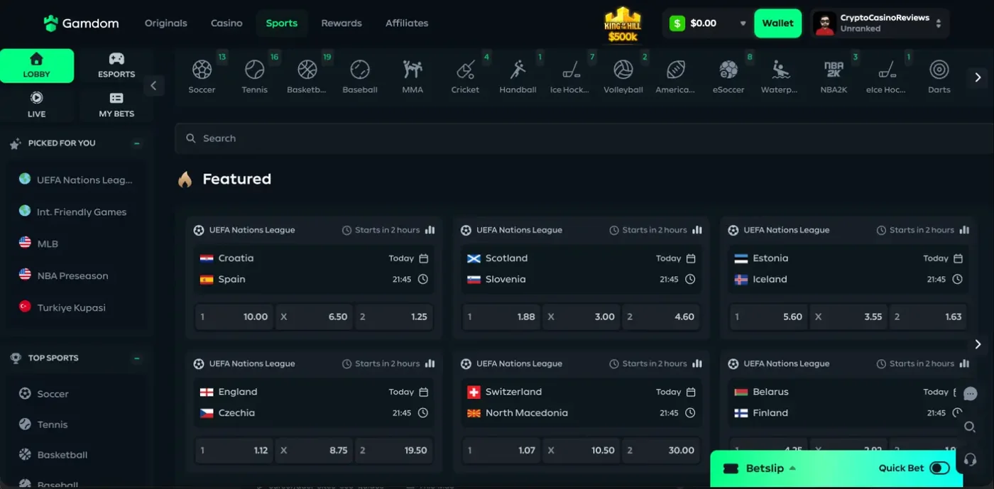 Gamdom sportsbook lobby with the sport rail, UEFA Nations League matches and 1X2 prices, and a betslip with a quick bet toggle