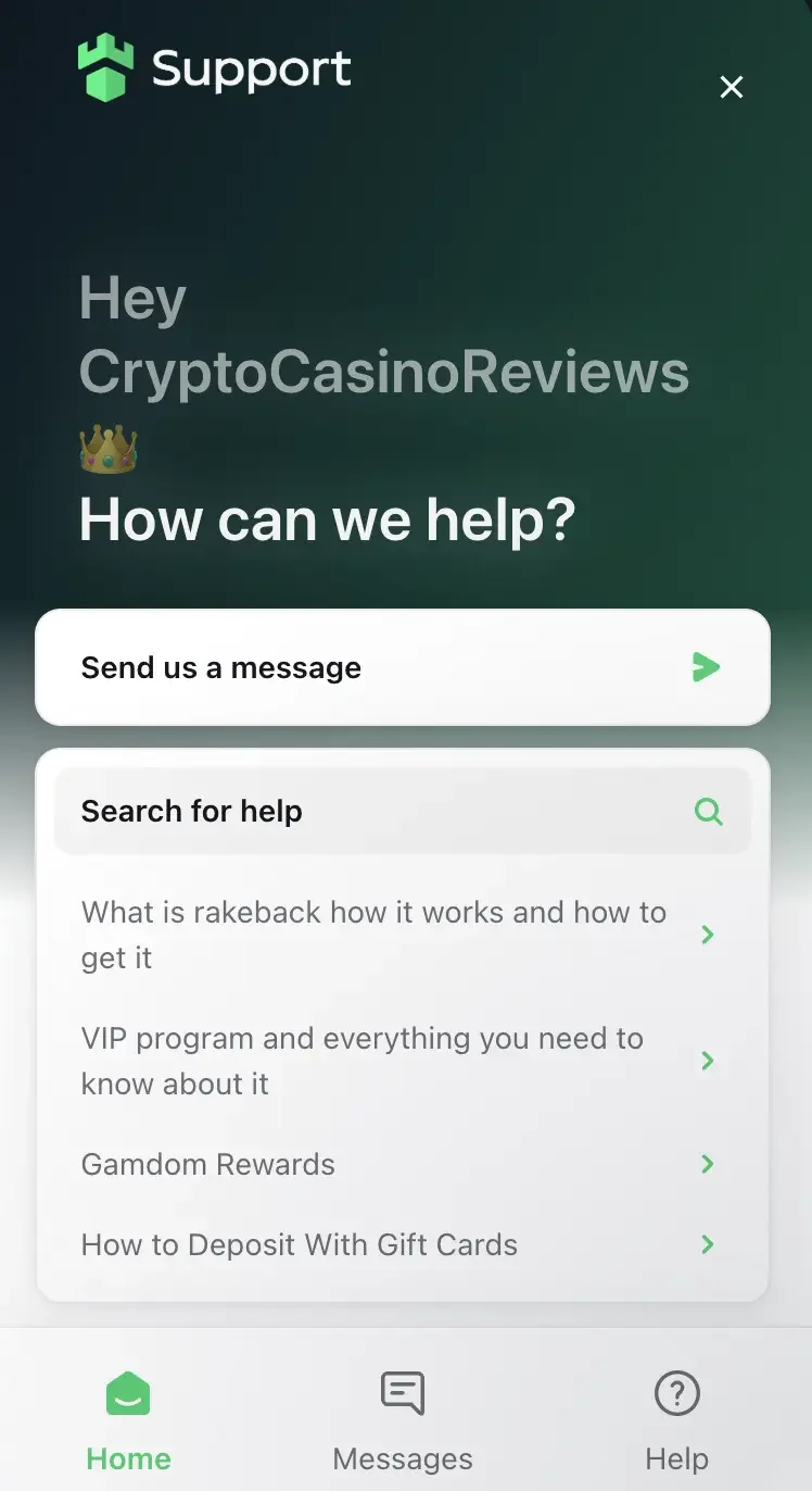 Gamdom in-app support widget with a send us a message button and help articles about rakeback, the VIP program, rewards and gift card deposits